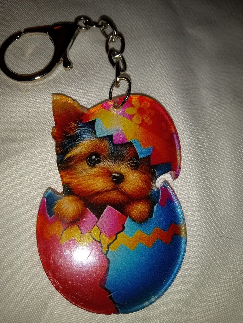 Yorkie Puppy Coming Out Of An Egg Key Fob Adorable
